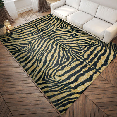 5' X 8' Black and Gold Animal Print Shag Handmade Non Skid Area Rug