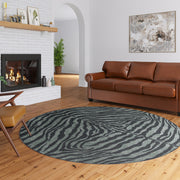 8' X 8' Black and Gray Round Zebra Print Shag Handmade Non Skid Area Rug