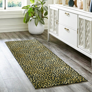 2' X 8' Black and Gold Leopard Print Shag Handmade Non Skid Runner Rug