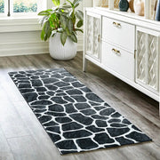 2' X 8' Black and White Croc Print Shag Handmade Non Skid Runner Rug