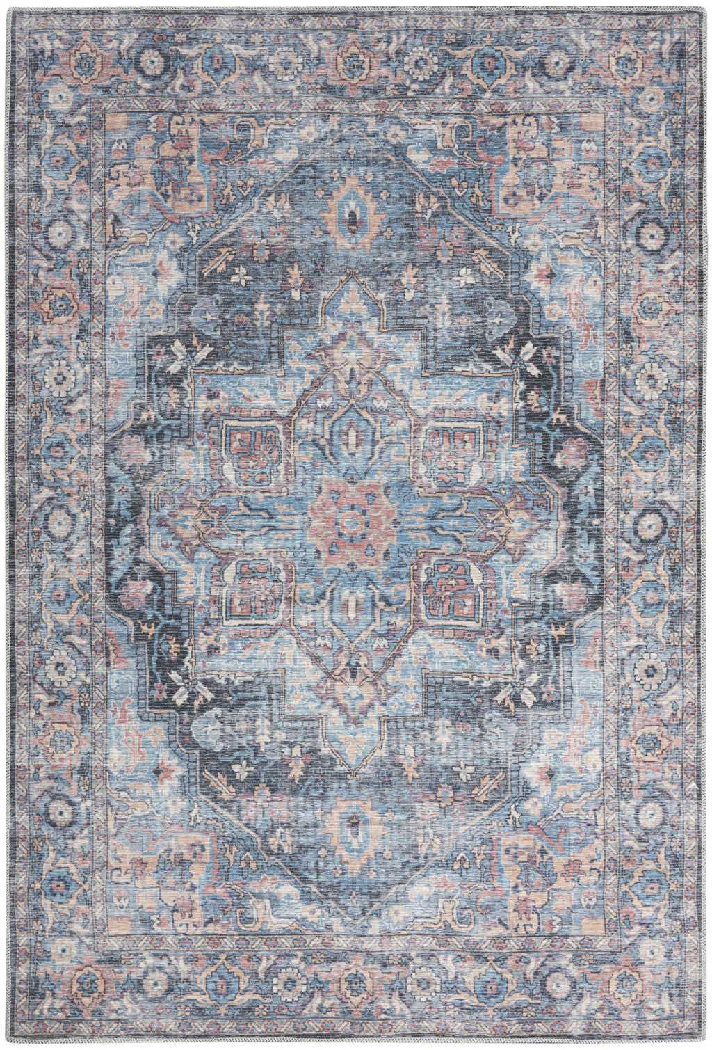 6' X 9' Light Blue And Orange Medallion Distressed Washable Area Rug