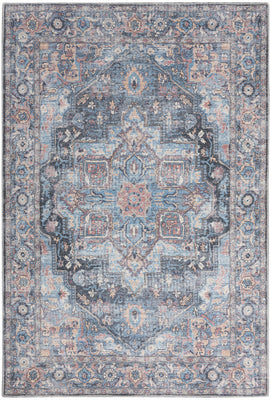 6' X 9' Light Blue And Orange Medallion Distressed Washable Area Rug