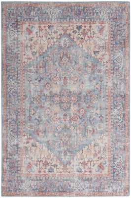 6' X 9' Blue And Orange Medallion Distressed Washable Area Rug