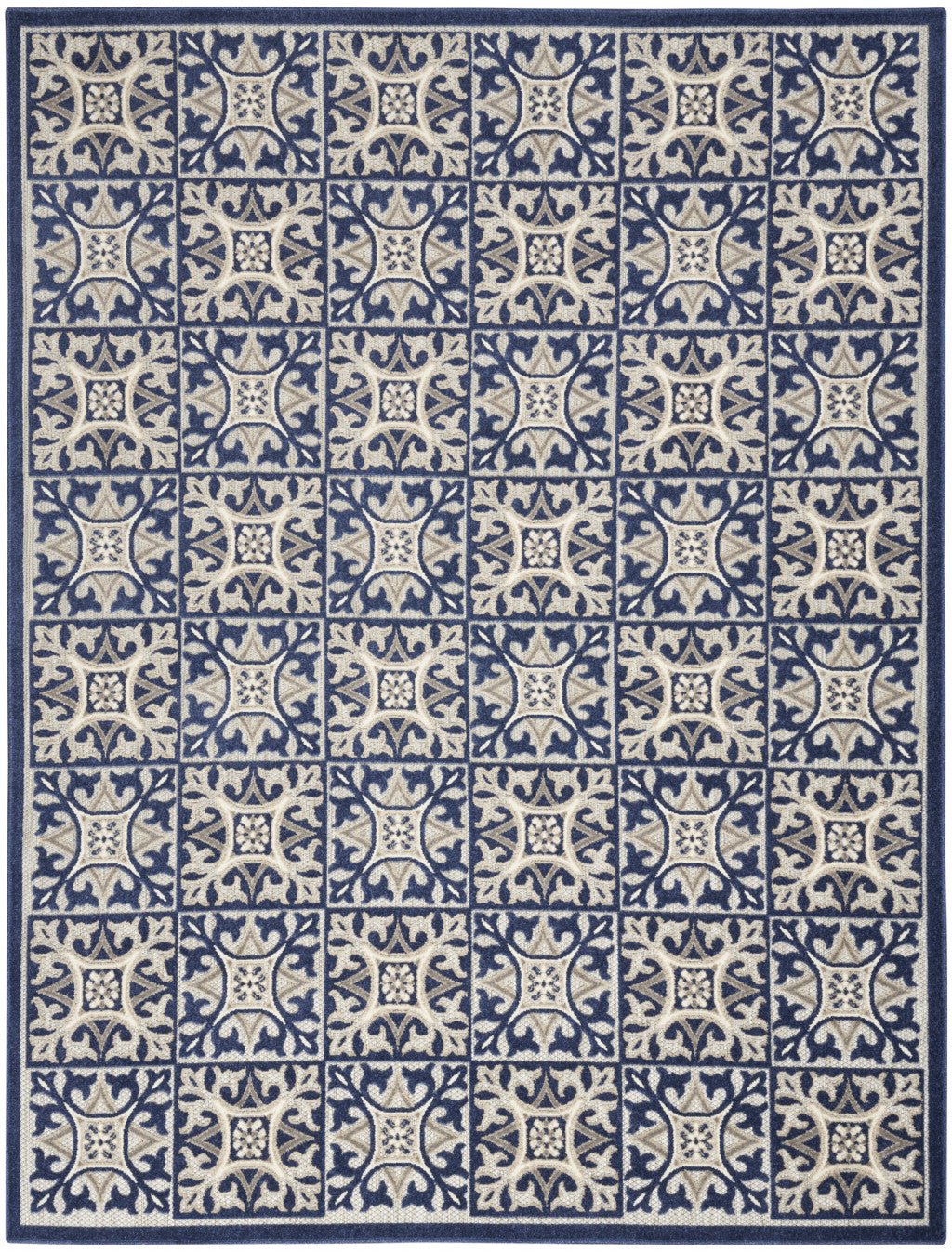 7' X 10' Blue Fleur De Lis Stain Resistant Non Skid Area Rug