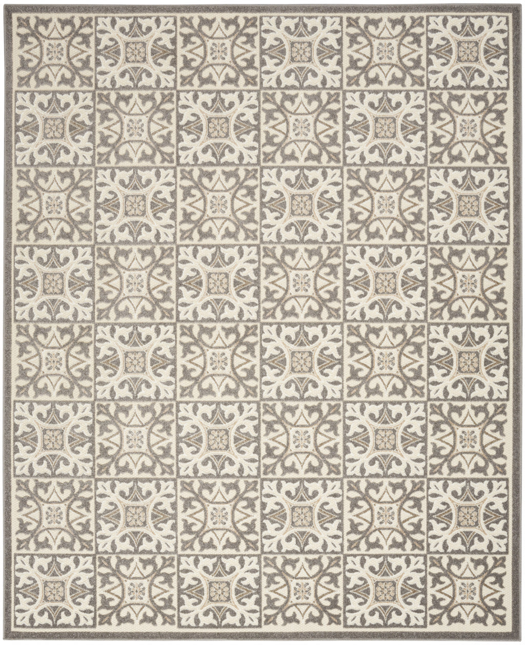 7' X 10' Ivory And Grey Fleur De Lis Stain Resistant Non Skid Area Rug