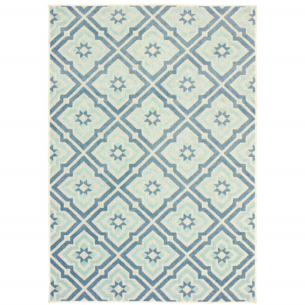 10' X 13' Blue Geometric Stain Resistant Indoor Outdoor Area Rug