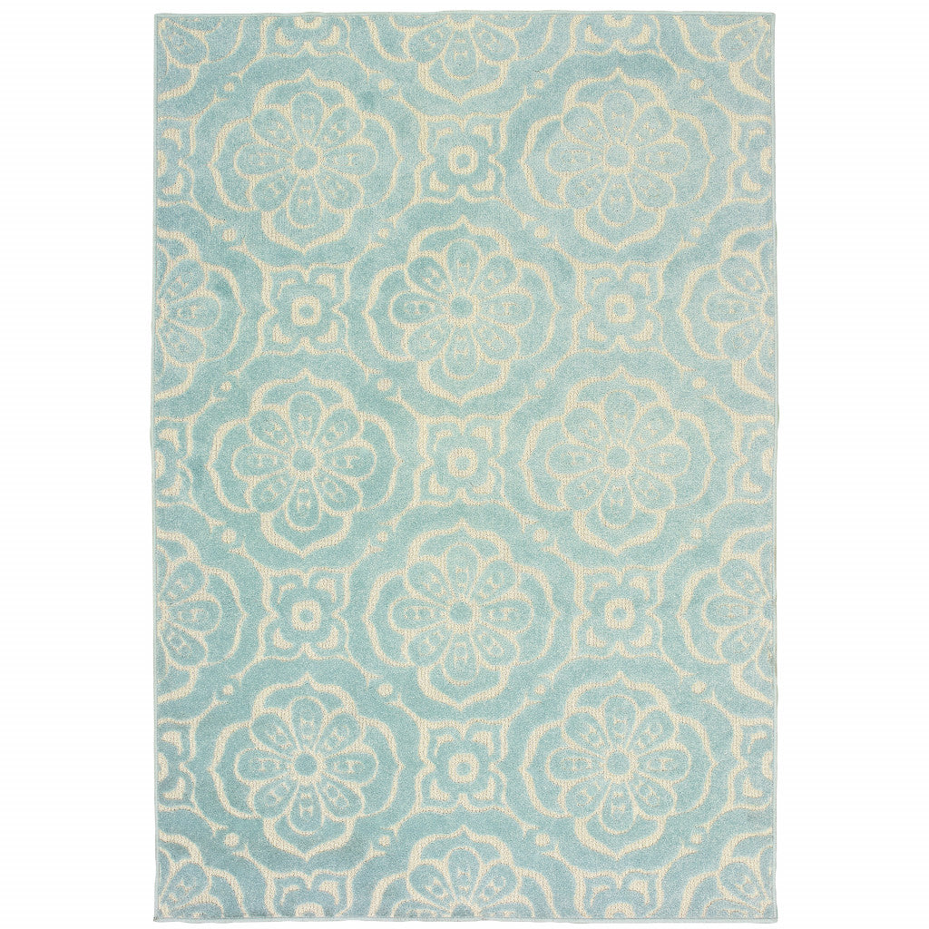 10' X 13' Blue Floral Stain Resistant Indoor Outdoor Area Rug