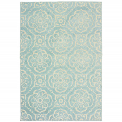 10' X 13' Blue Floral Stain Resistant Indoor Outdoor Area Rug