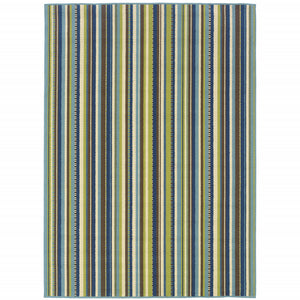 9' X 13' Blue Striped Stain Resistant Indoor Outdoor Area Rug