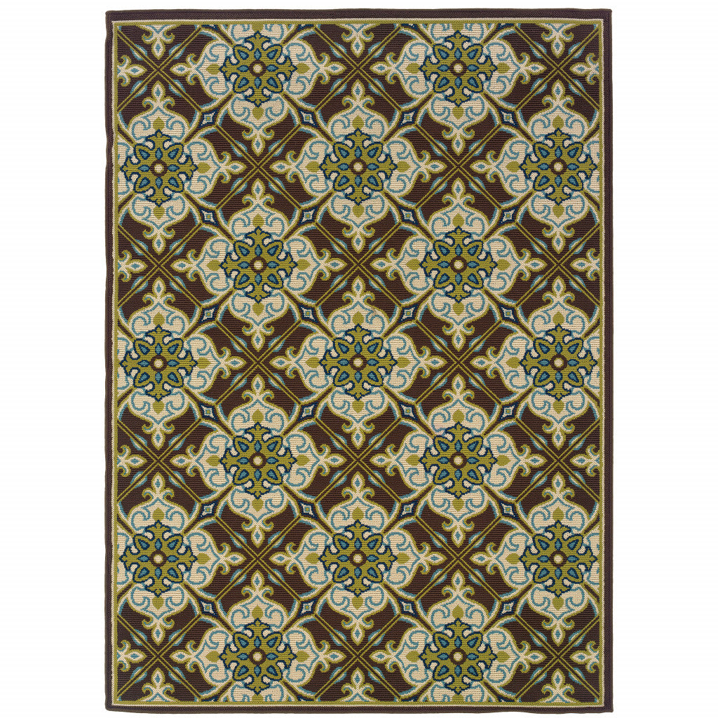 9' X 13' Brown Floral Stain Resistant Indoor Outdoor Area Rug