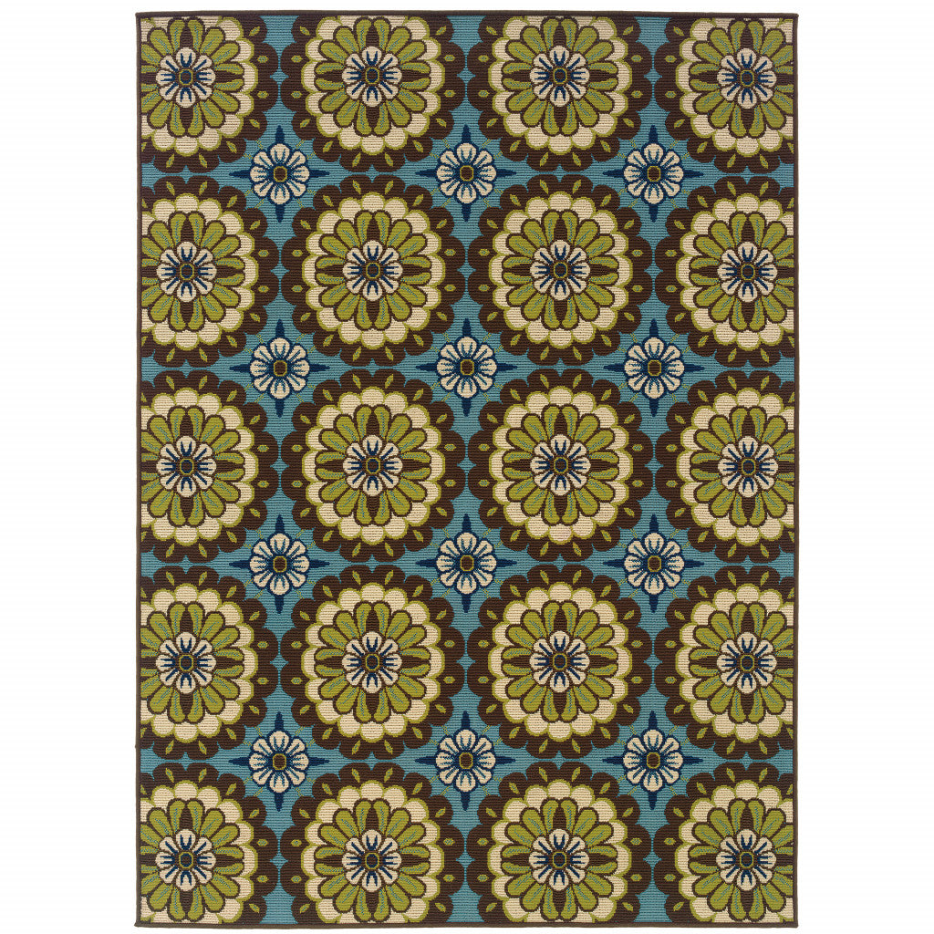 8' X 11' Blue Floral Stain Resistant Indoor Outdoor Area Rug