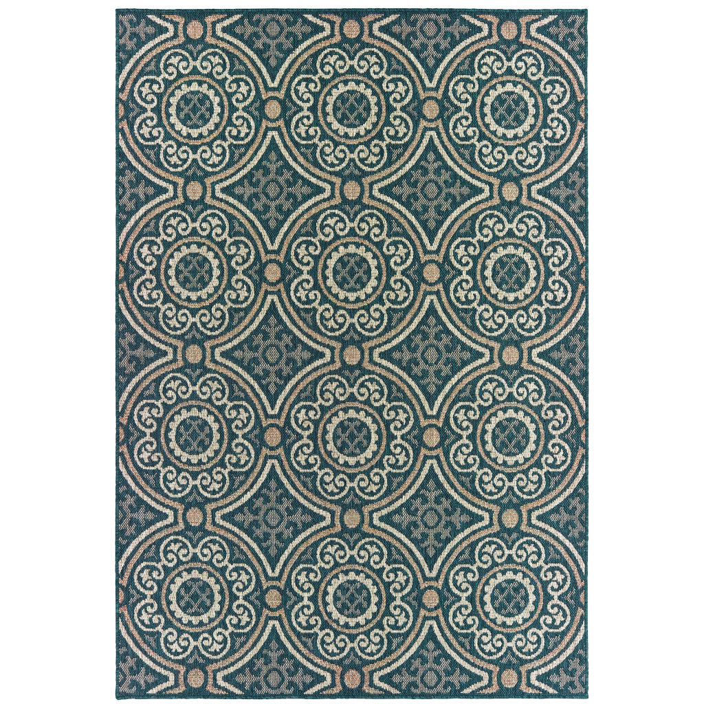 10' X 13' Blue Geometric Stain Resistant Indoor Outdoor Area Rug