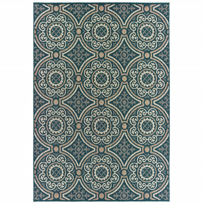 10' X 13' Blue Geometric Stain Resistant Indoor Outdoor Area Rug