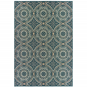 10' X 13' Blue Geometric Stain Resistant Indoor Outdoor Area Rug