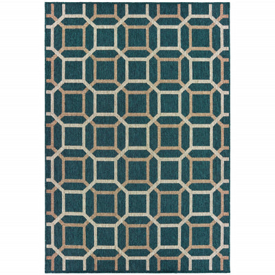 10' X 13' Blue Geometric Stain Resistant Indoor Outdoor Area Rug