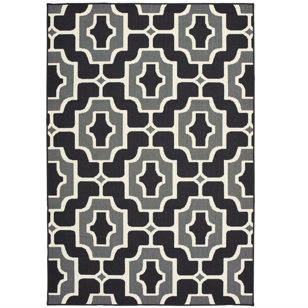 8' X 11' Black Geometric Stain Resistant Indoor Outdoor Area Rug