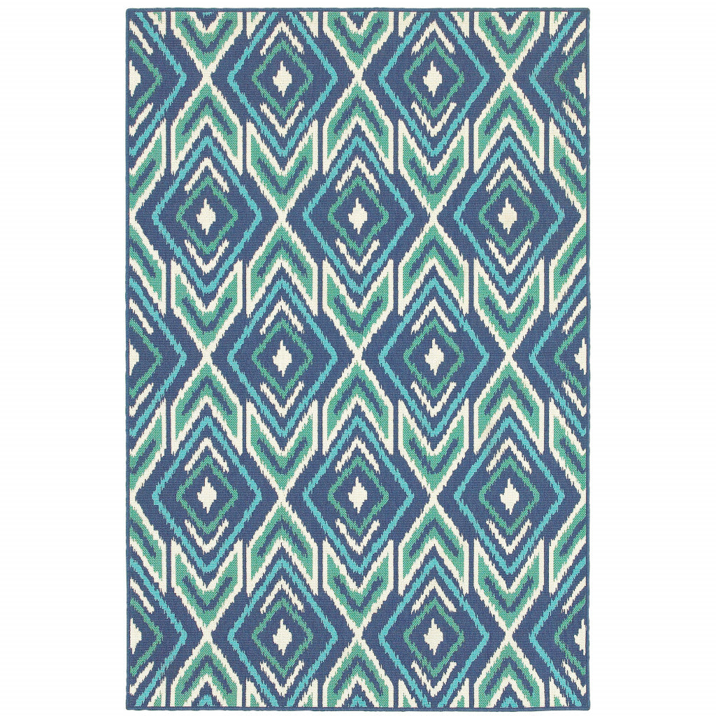 9' X 13' Navy Geometric Stain Resistant Indoor Outdoor Area Rug