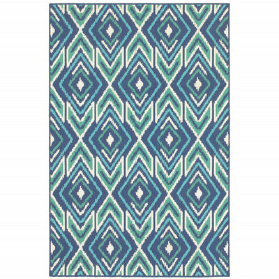 9' X 13' Navy Geometric Stain Resistant Indoor Outdoor Area Rug