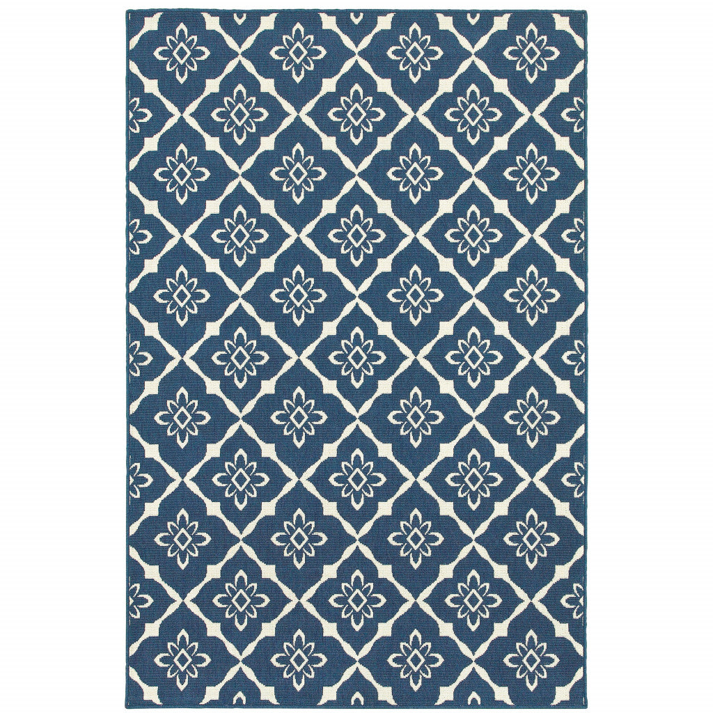 9' X 13' Navy Floral Stain Resistant Indoor Outdoor Area Rug