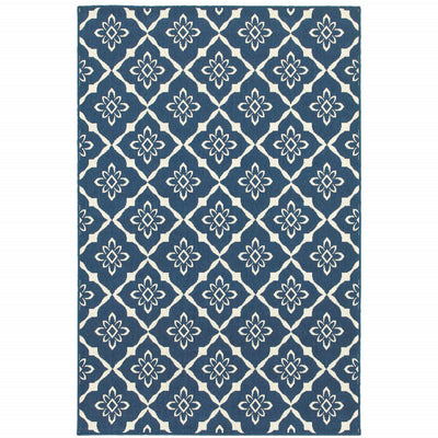 9' X 13' Navy Floral Stain Resistant Indoor Outdoor Area Rug