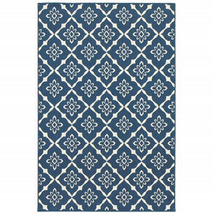 9' X 13' Navy Floral Stain Resistant Indoor Outdoor Area Rug