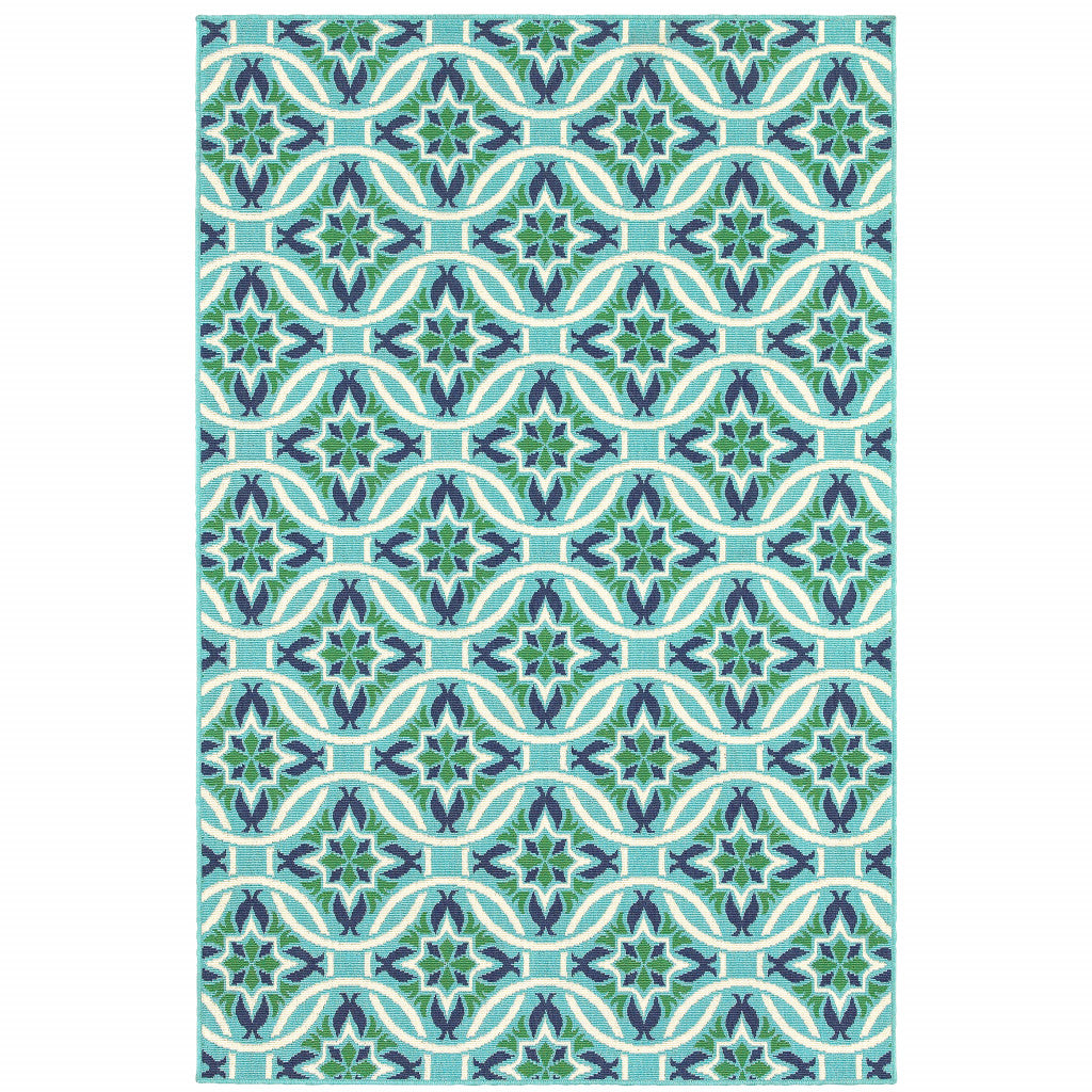 9' X 13' Blue Geometric Stain Resistant Indoor Outdoor Area Rug