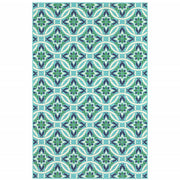 9' X 13' Blue Geometric Stain Resistant Indoor Outdoor Area Rug