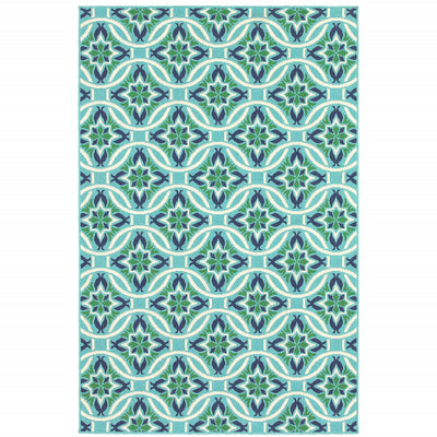 9' X 13' Blue Geometric Stain Resistant Indoor Outdoor Area Rug