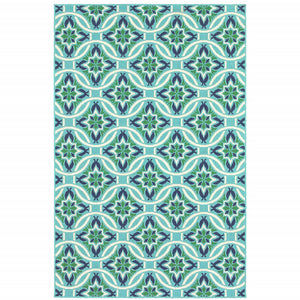 9' X 13' Blue Geometric Stain Resistant Indoor Outdoor Area Rug