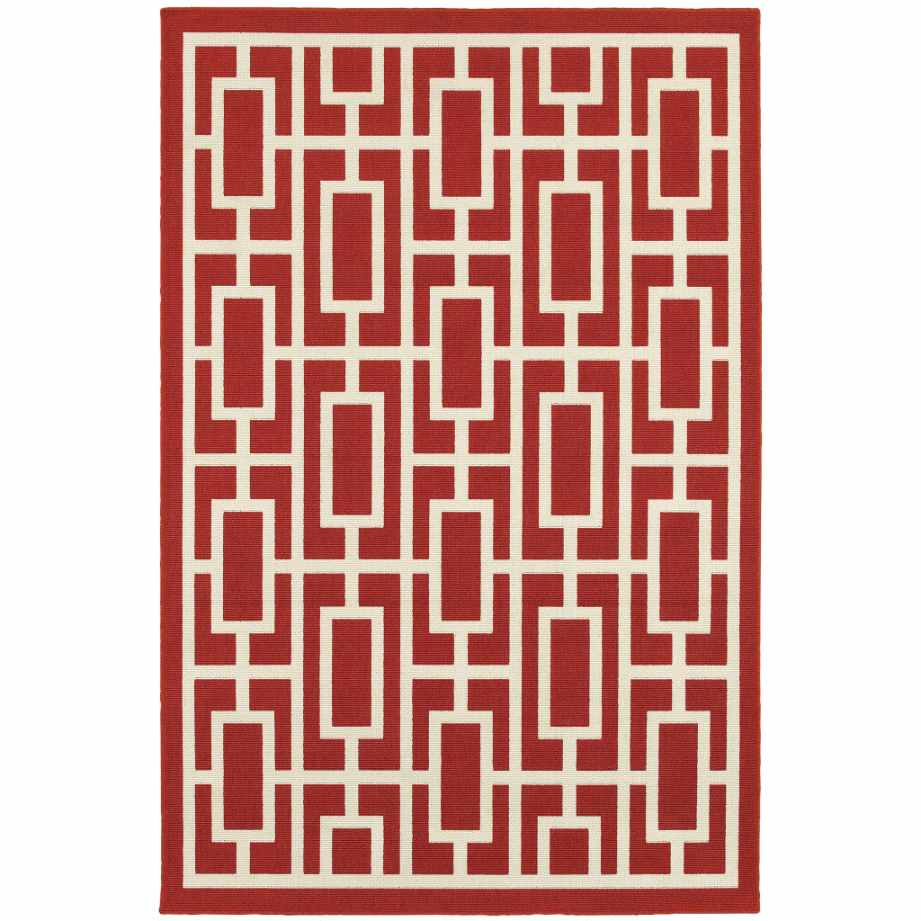 9' X 13' Red Geometric Stain Resistant Indoor Outdoor Area Rug