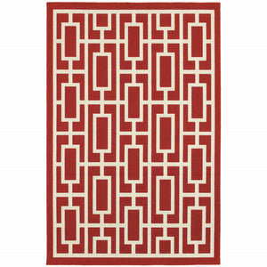 9' X 13' Red Geometric Stain Resistant Indoor Outdoor Area Rug