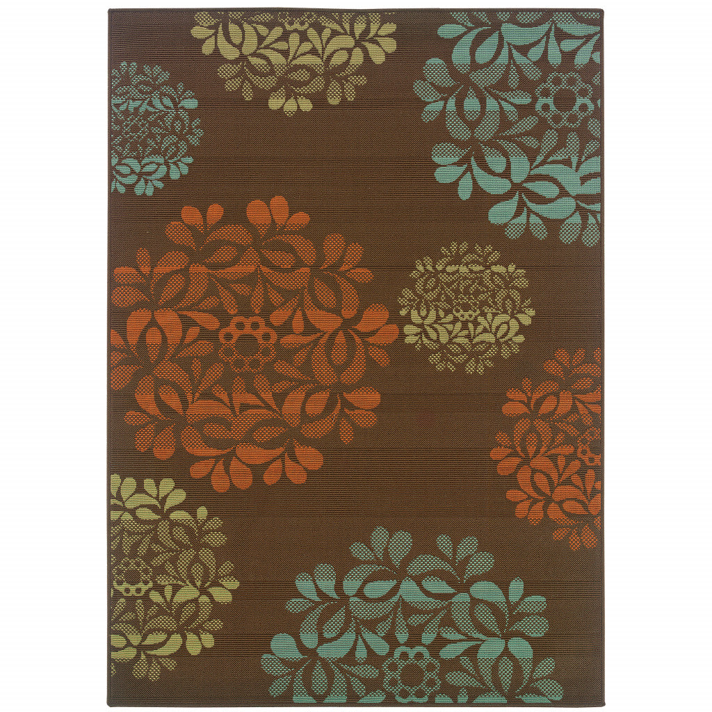 9' X 13' Brown Floral Stain Resistant Indoor Outdoor Area Rug