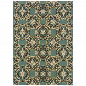 9' X 13' Blue Floral Stain Resistant Indoor Outdoor Area Rug