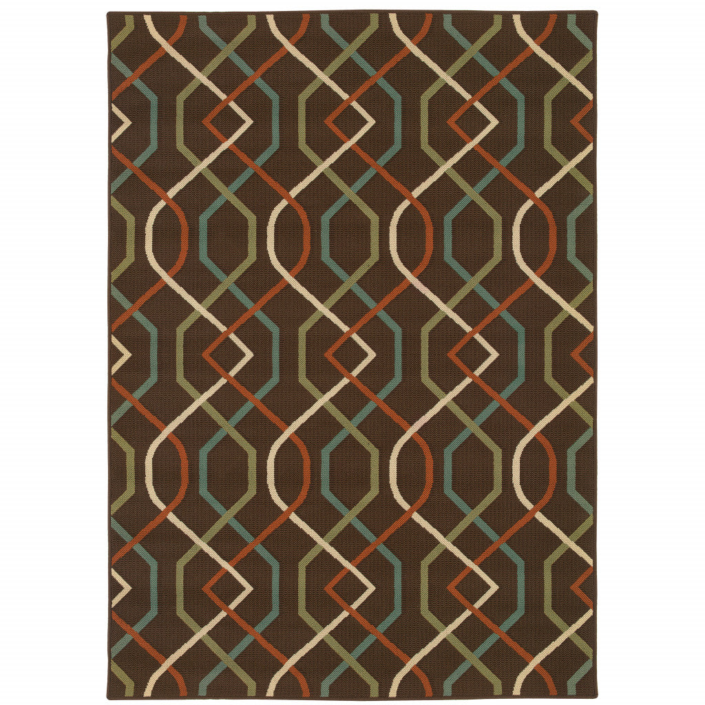 9' X 13' Brown Geometric Stain Resistant Indoor Outdoor Area Rug