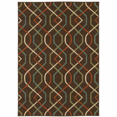 9' X 13' Brown Geometric Stain Resistant Indoor Outdoor Area Rug