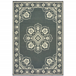 9' X 13' Grey Oriental Stain Resistant Indoor Outdoor Area Rug