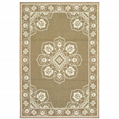 8' X 11' Tan Oriental Stain Resistant Indoor Outdoor Area Rug