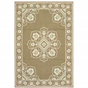 9' X 13' Tan Oriental Stain Resistant Indoor Outdoor Area Rug