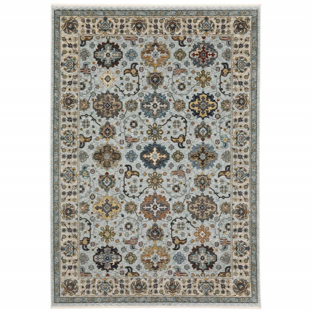 8' X 11' Blue Beige Grey Green Yellow And Rust Oriental Power Loom Stain Resistant Area Rug With Fringe