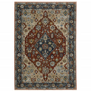 10' X 13' Blue Beige Tan Brown Gold And Rust Red Oriental Power Loom Stain Resistant Area Rug With Fringe