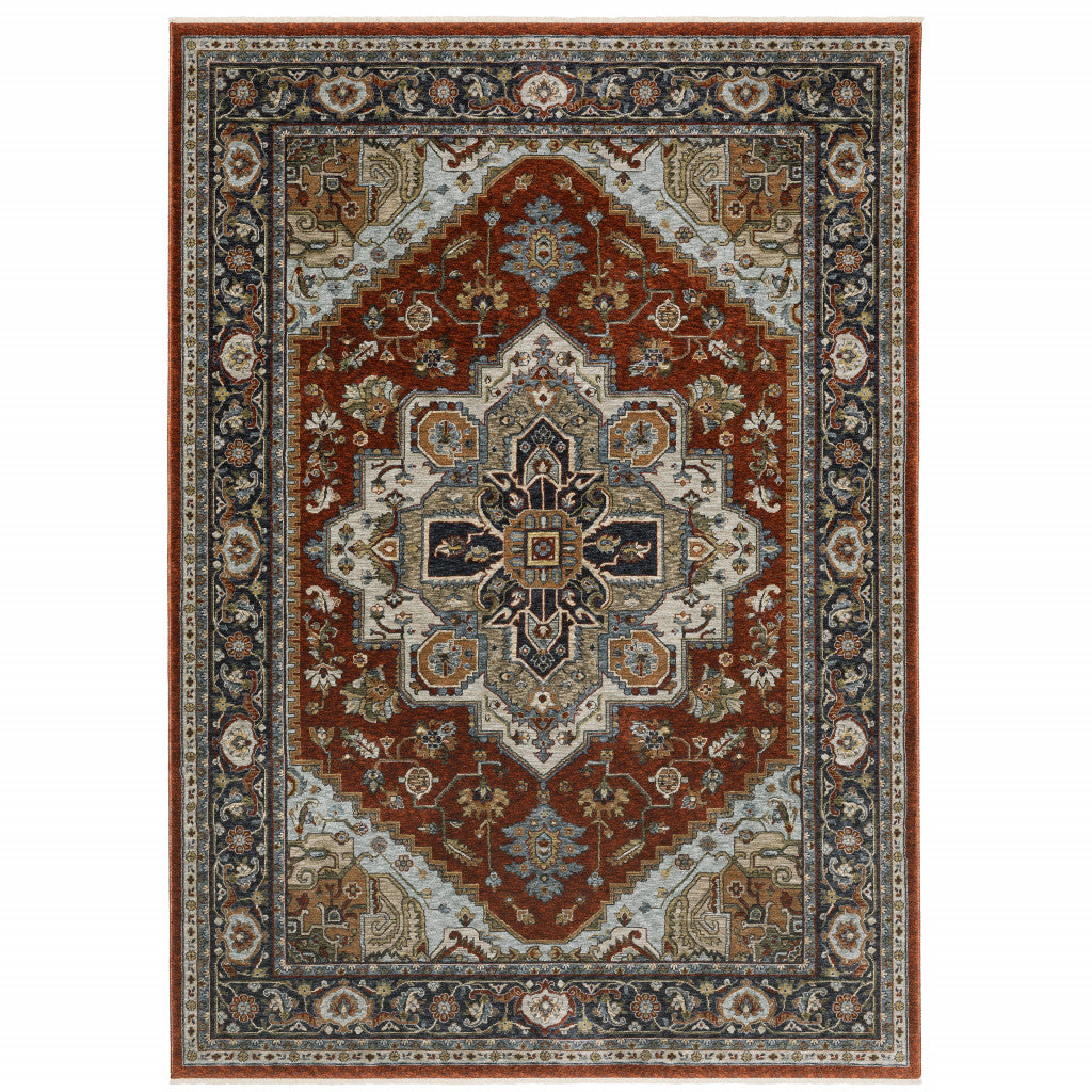 8' X 11' Blue Beige Grey Gold Green And Rust Red Oriental Power Loom Stain Resistant Area Rug With Fringe