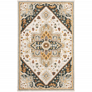 10' X 13' Ivory Charcoal Gold Clay And Muted Blue Oriental Tufted Handmade Stain Resistant Area Rug