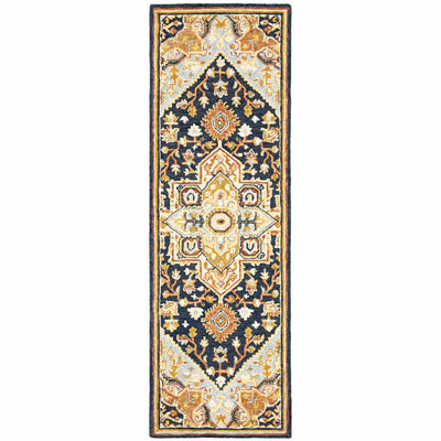 2' X 8' Navy Rust Blue Ivory And Gold Oriental Tufted Handmade Stain Resistant Runner Rug