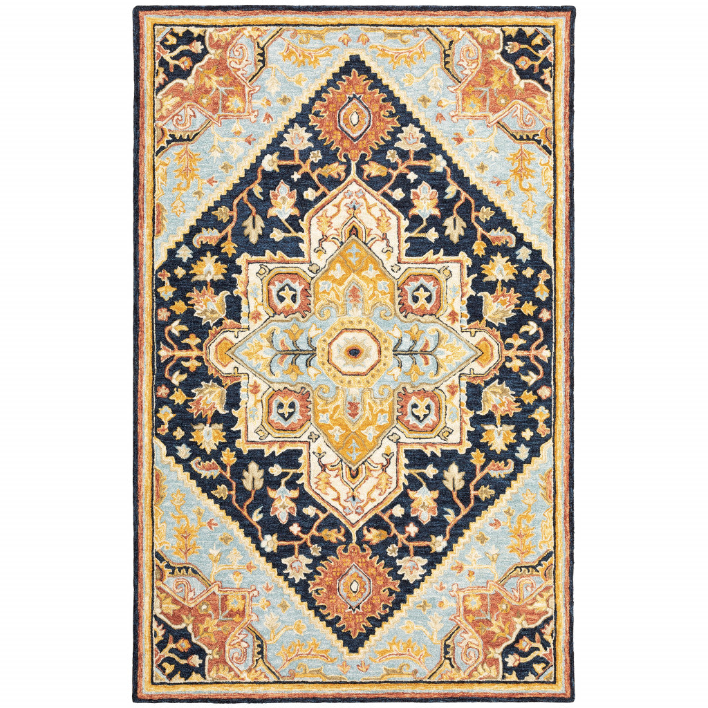 5' X 8' Navy Rust Blue Ivory And Gold Oriental Tufted Handmade Stain Resistant Area Rug