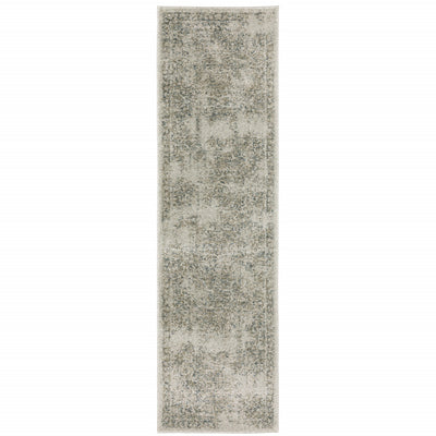 2' X 8' Grey Beige And Teal Oriental Power Loom Stain Resistant Runner Rug