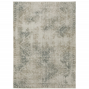 3' X 5' Grey Beige And Teal Oriental Power Loom Stain Resistant Area Rug