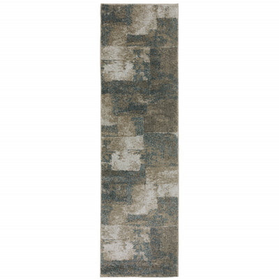 2' X 8' Teal Blue Grey Tan And Beige Geometric Power Loom Stain Resistant Runner Rug