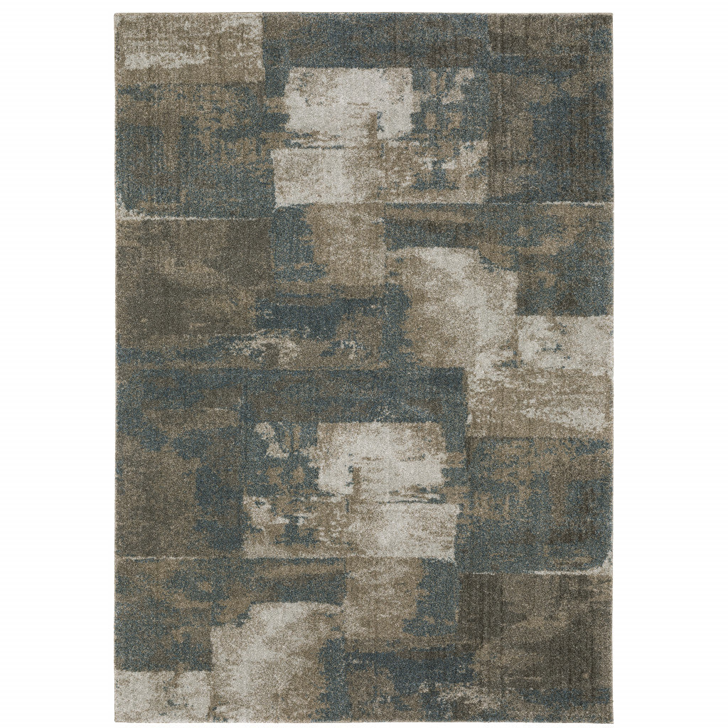 3' X 5' Teal Blue Grey Tan And Beige Geometric Power Loom Stain Resistant Area Rug