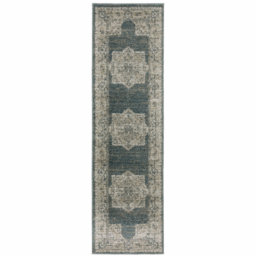 2' X 8' Blue And Beige Oriental Power Loom Stain Resistant Runner Rug