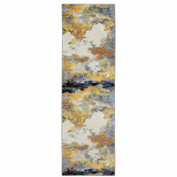 2' X 8' Yellow Gold Blue Grey Brown And Beige Abstract Power Loom Stain Resistant Runner Rug